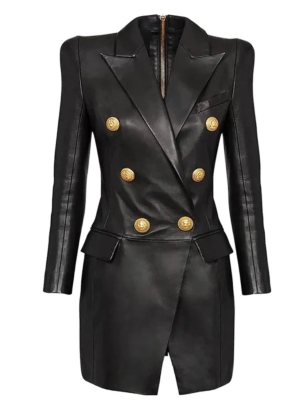 Black Leather Gold Button Blazer Dress