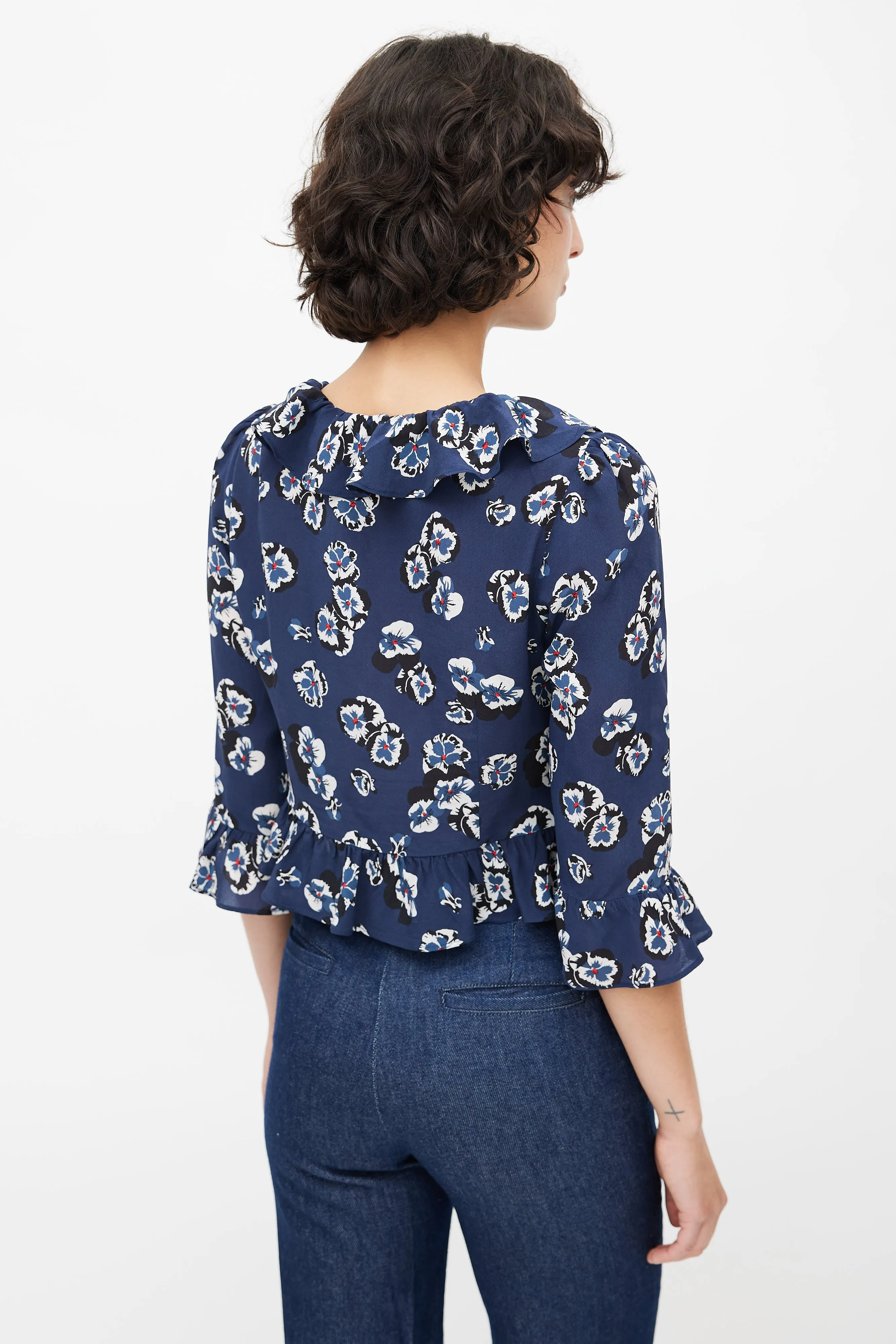Blue Silk Floral Ruffled Blouse