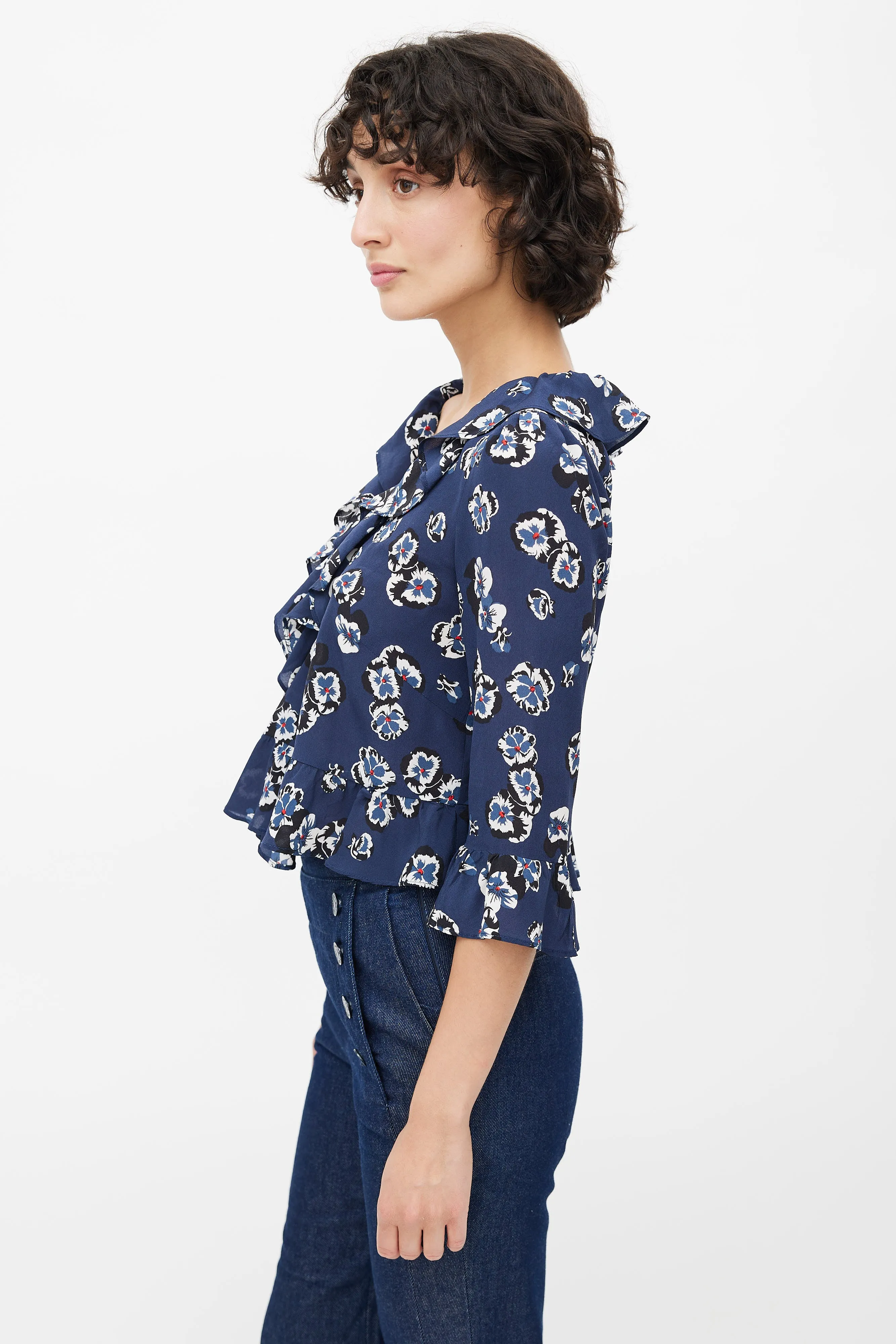 Blue Silk Floral Ruffled Blouse