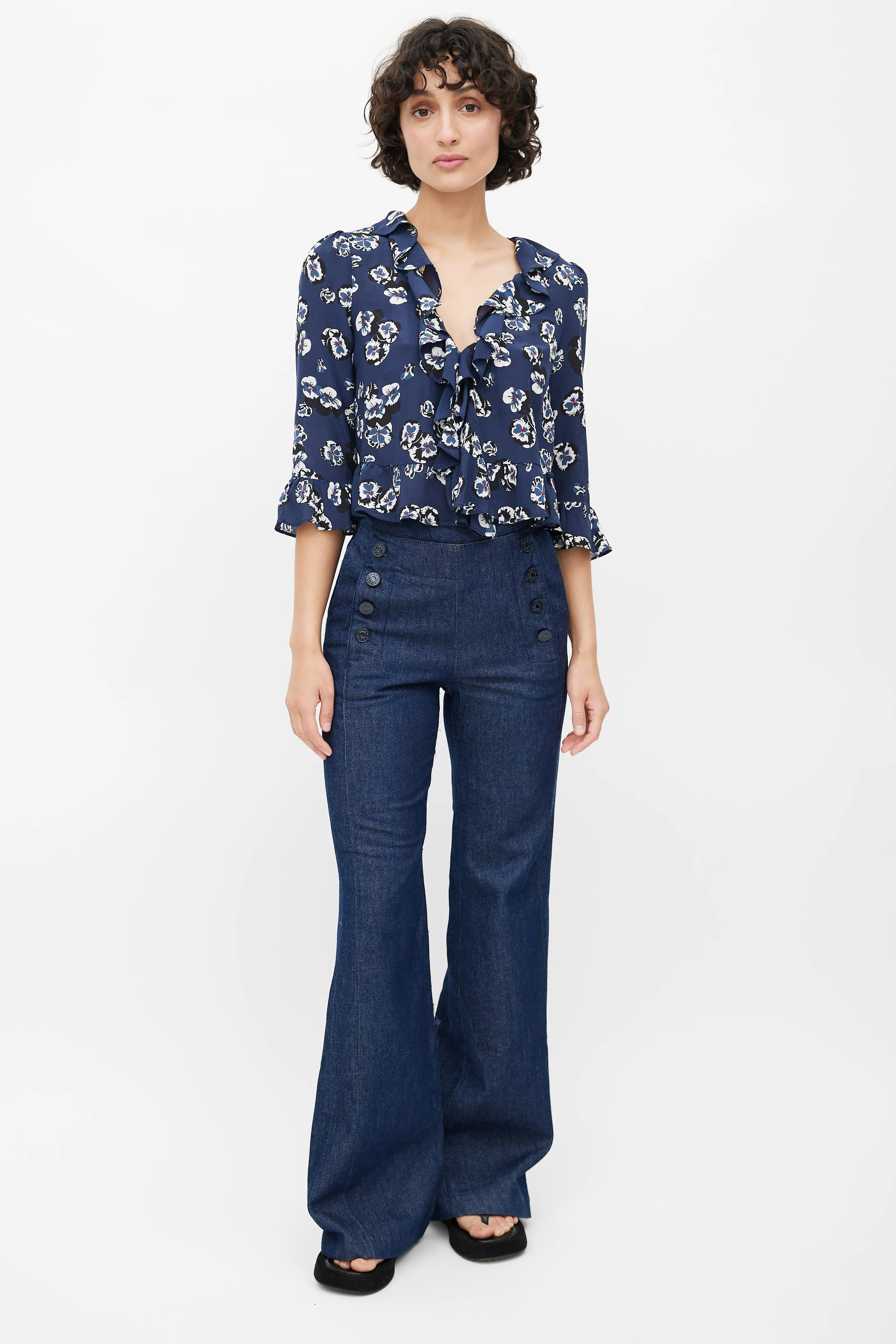 Blue Silk Floral Ruffled Blouse