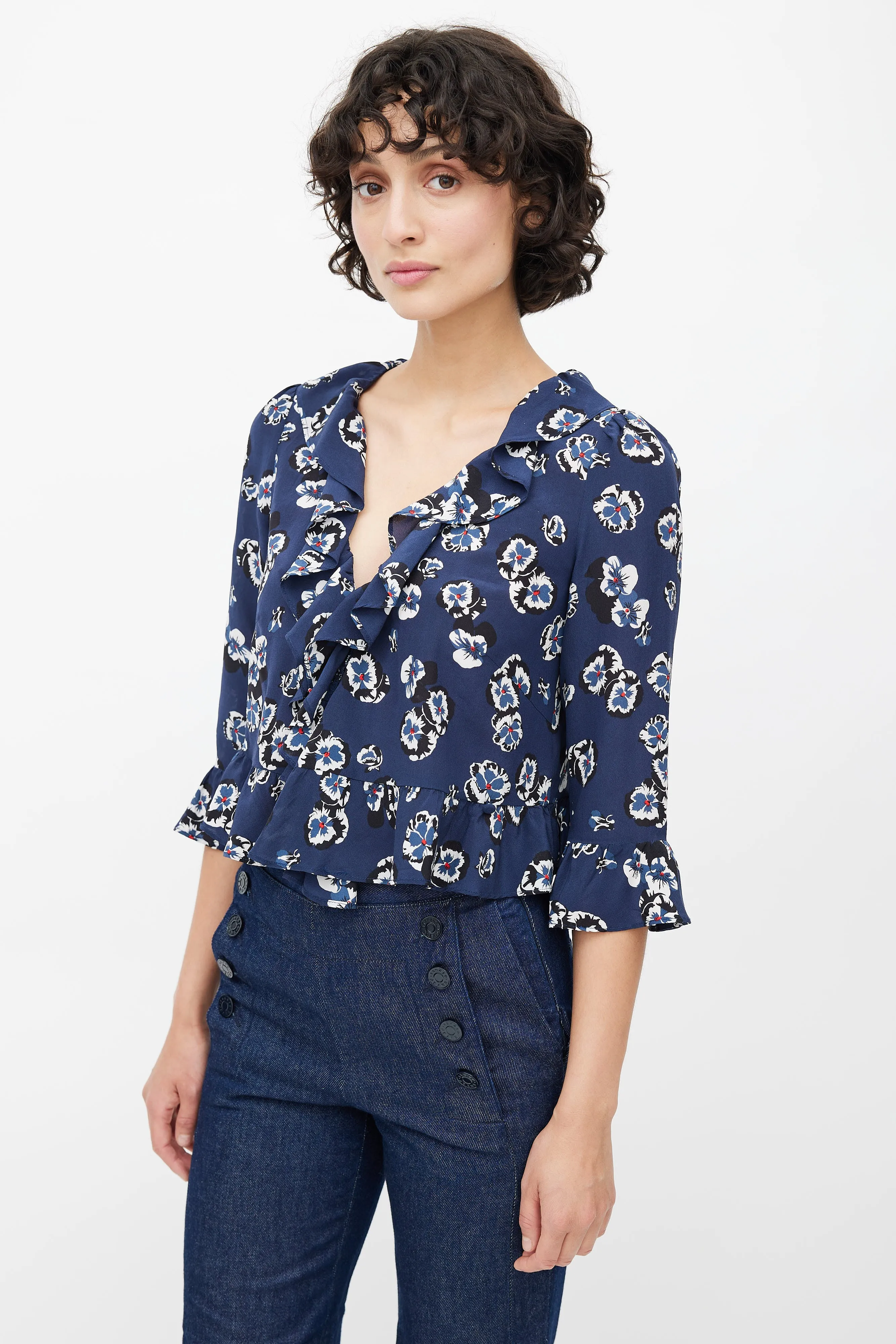 Blue Silk Floral Ruffled Blouse