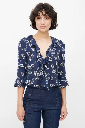 Blue Silk Floral Ruffled Blouse