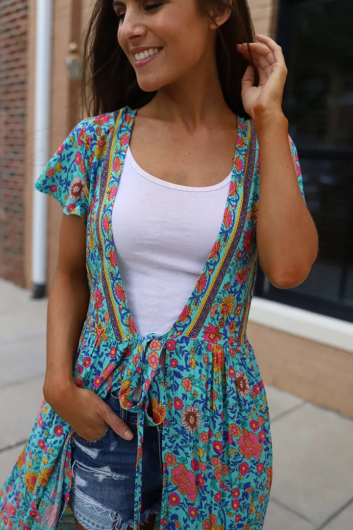 Boho Vibes Floral Print Wrap Maxi Kimono - Teal/Multi