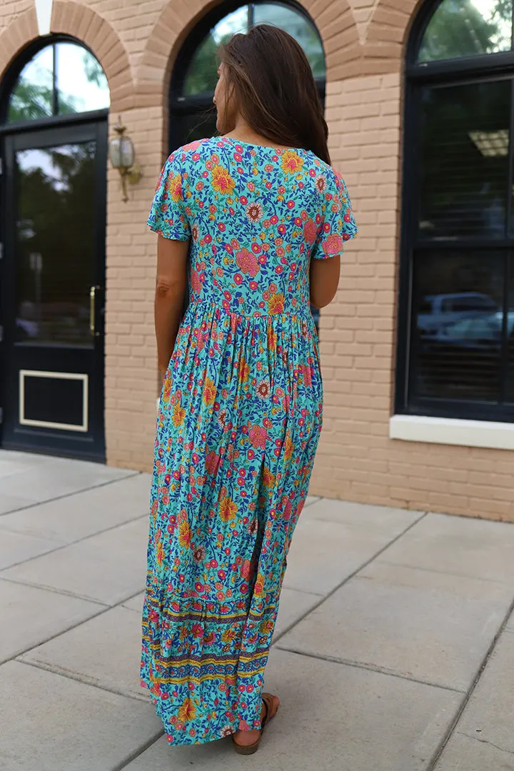 Boho Vibes Floral Print Wrap Maxi Kimono - Teal/Multi
