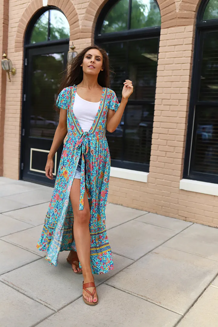 Boho Vibes Floral Print Wrap Maxi Kimono - Teal/Multi
