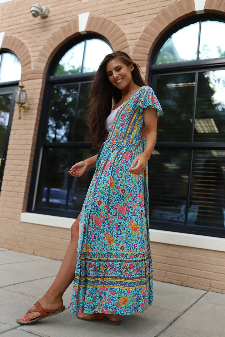 Boho Vibes Floral Print Wrap Maxi Kimono - Teal/Multi