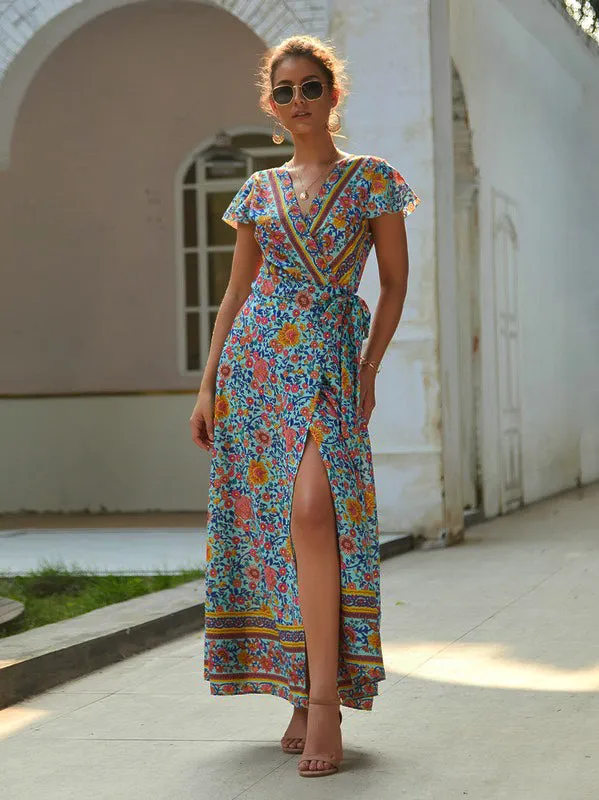Boho Vibes Floral Print Wrap Maxi Kimono - Teal/Multi