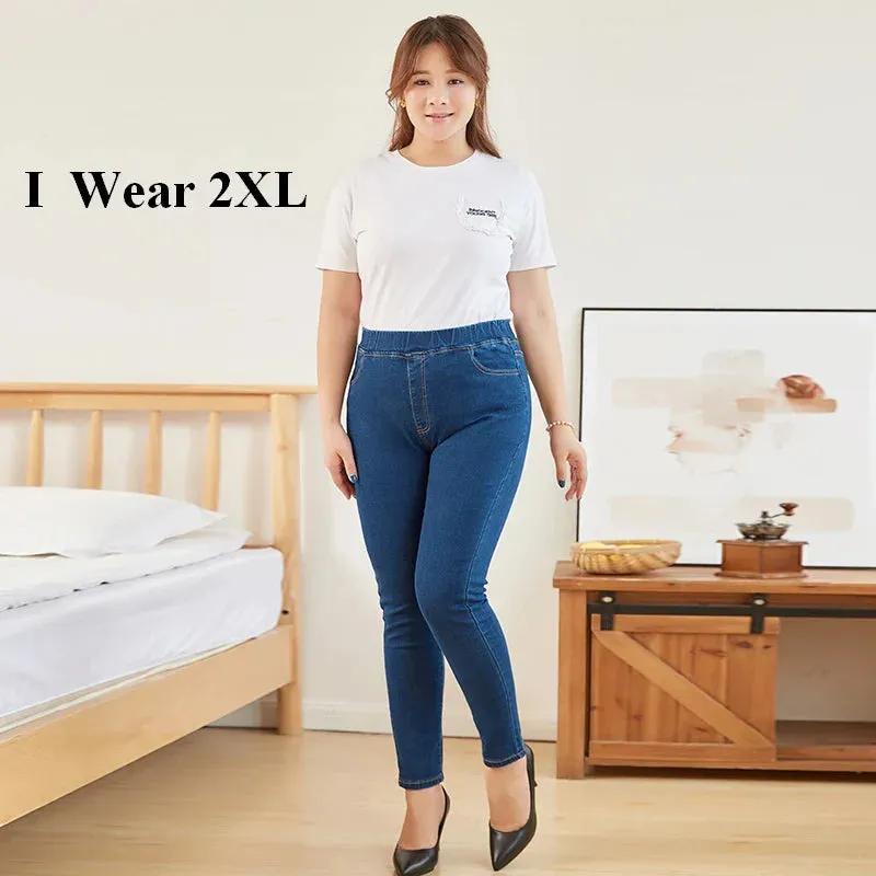 Bonnyshow 6XL 5XL 4XL Women's Skinny Jeans Elastic High Waist Cotton Polyester High Stretch Slim Pencil Pants Mom Denim Trousers