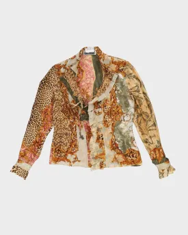 Brown And Green Patterned Silk Blouse - M