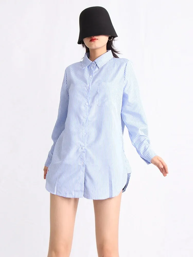 Casual Loose Shirts For Women Lapel Long Sleeve Striped Patchwork Button Blouse Spring Female Fashion Clothing