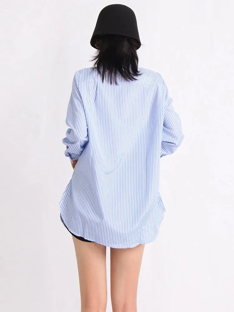 Casual Loose Shirts For Women Lapel Long Sleeve Striped Patchwork Button Blouse Spring Female Fashion Clothing