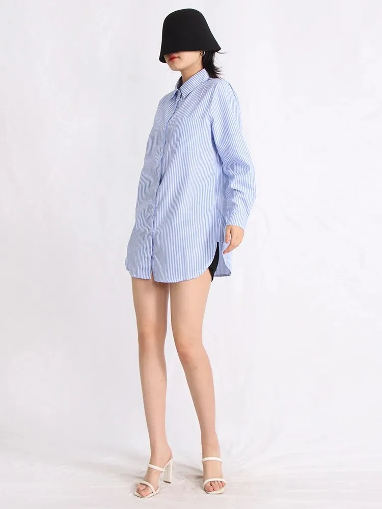 Casual Loose Shirts For Women Lapel Long Sleeve Striped Patchwork Button Blouse Spring Female Fashion Clothing