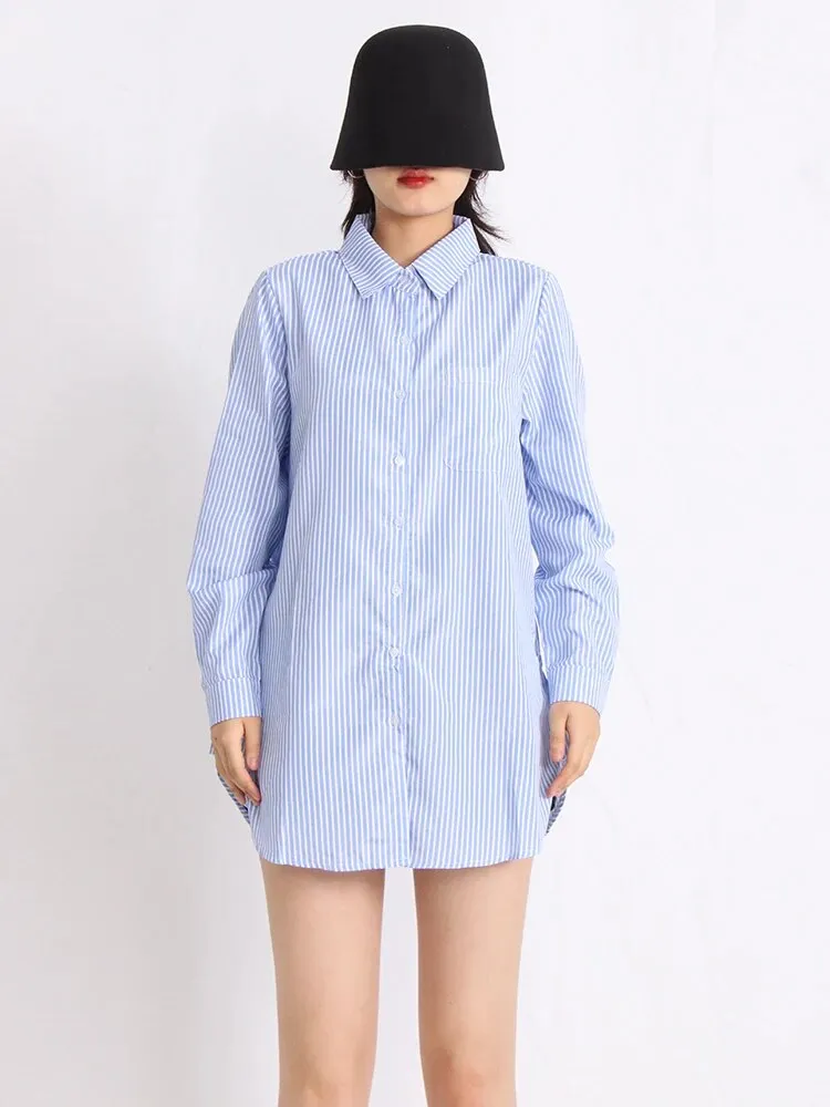 Casual Loose Shirts For Women Lapel Long Sleeve Striped Patchwork Button Blouse Spring Female Fashion Clothing