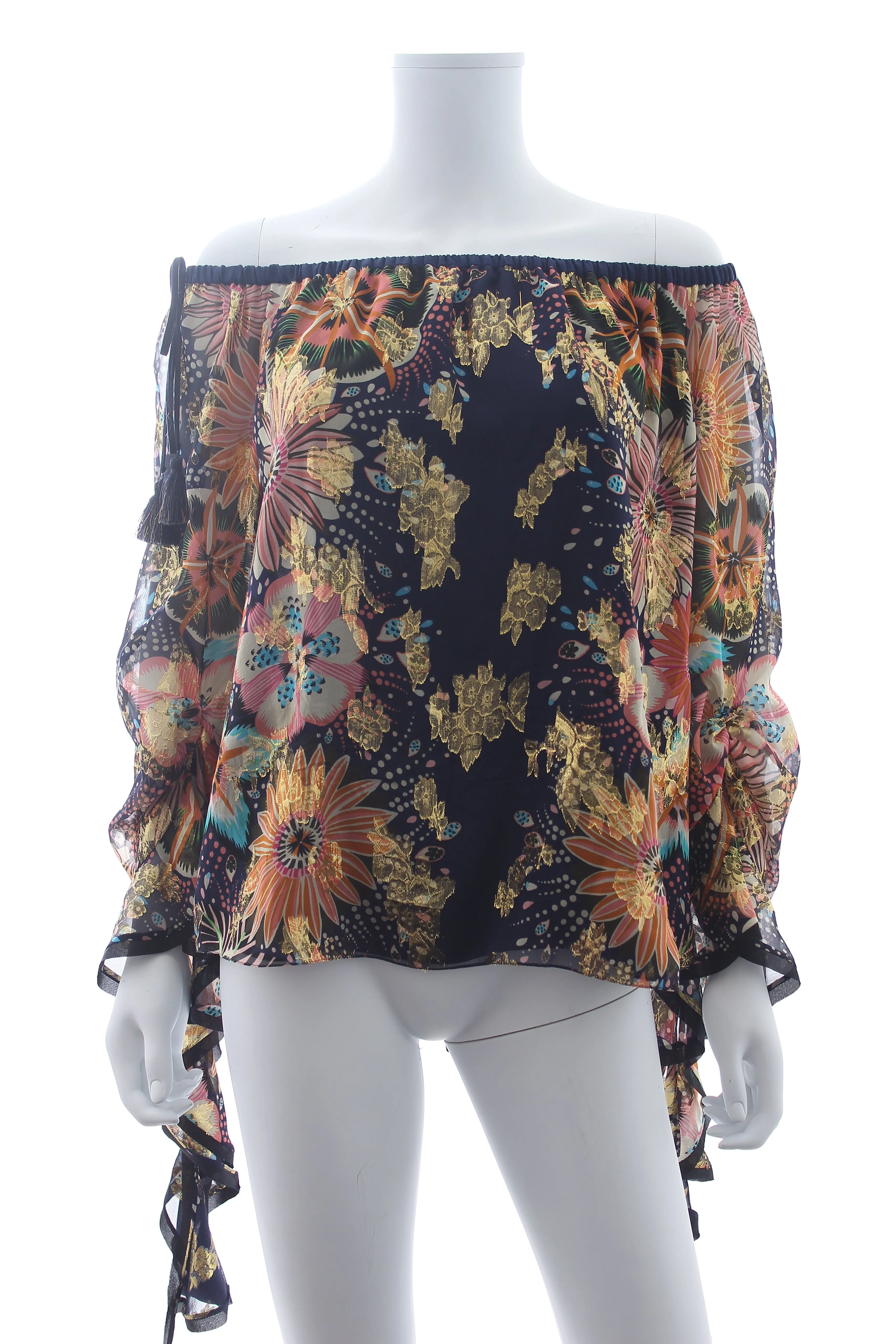 Chloe Off-the-shoulder Floral-Printed Metallic-Jacquard Silk Blouse