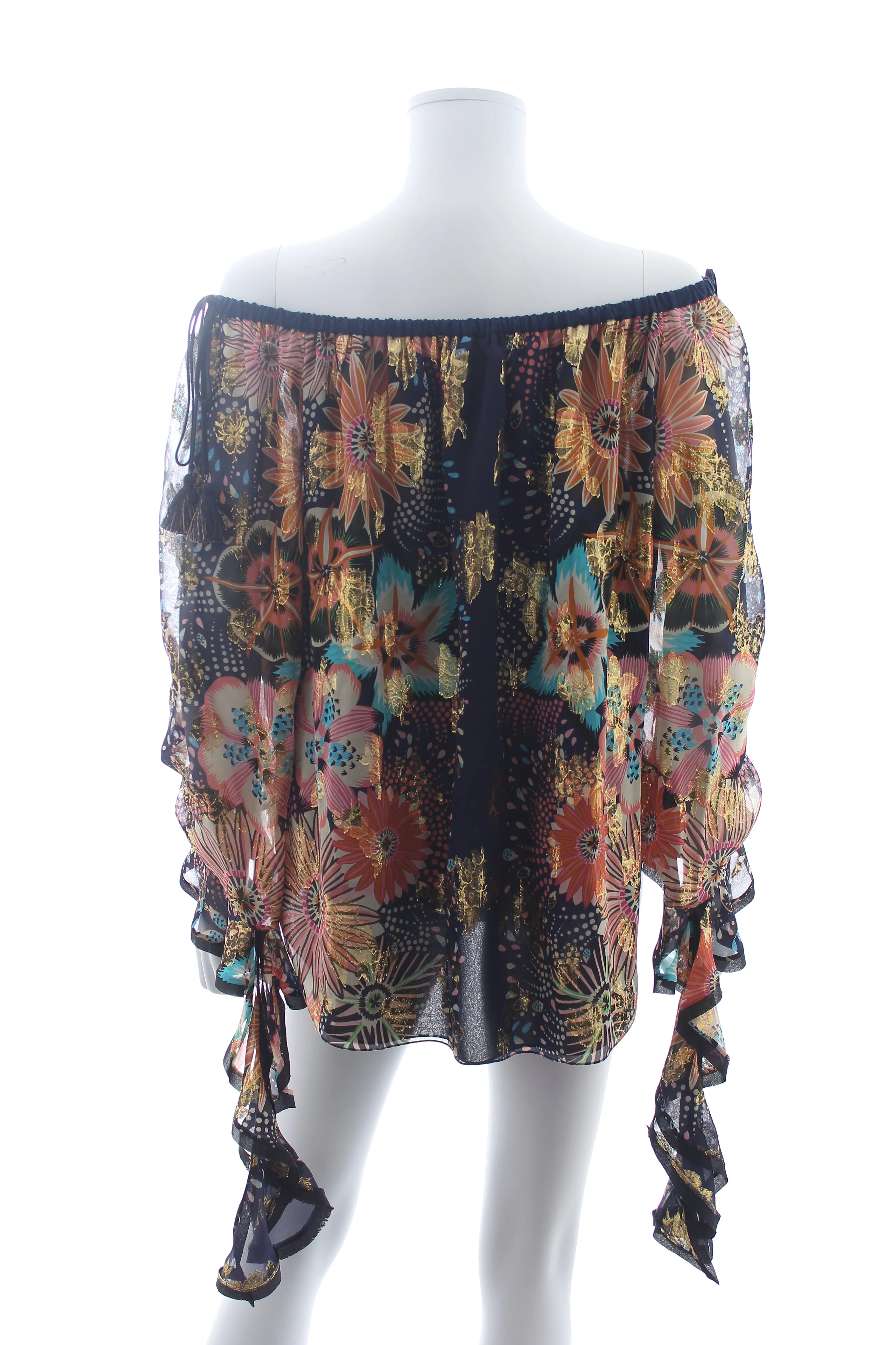 Chloe Off-the-shoulder Floral-Printed Metallic-Jacquard Silk Blouse