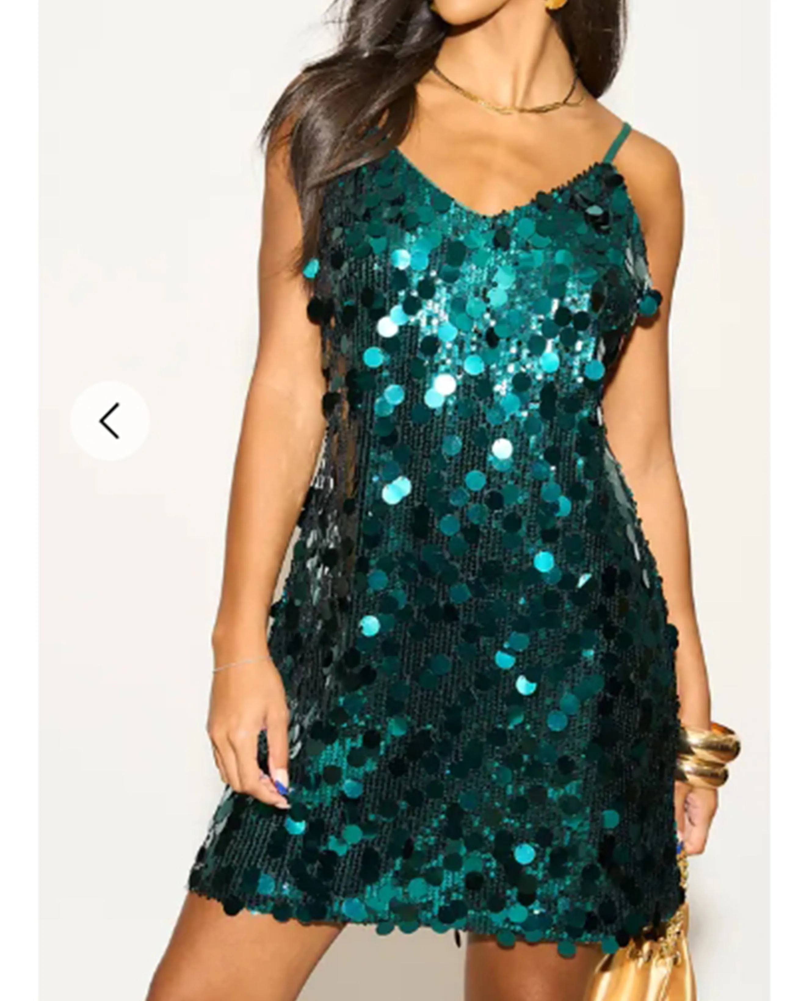 Circle Disc Sequin Strappy Short Dress in GREEN