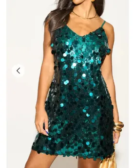 Circle Disc Sequin Strappy Short Dress in GREEN