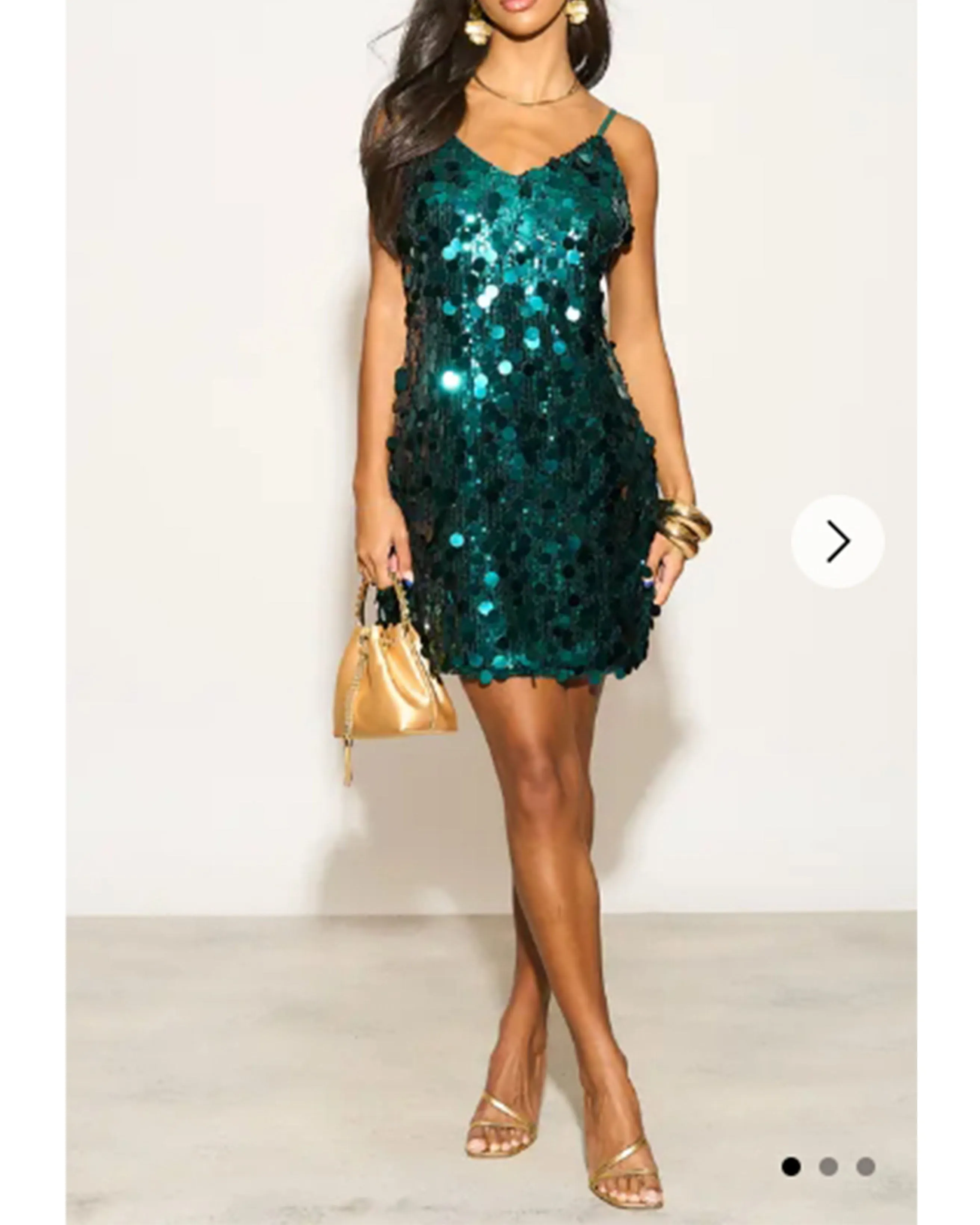 Circle Disc Sequin Strappy Short Dress in GREEN