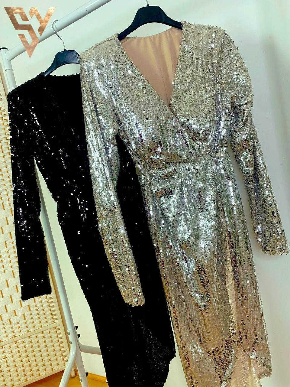CLEO SEQUIN FULL SLEEVE  RUCHED  DRESS