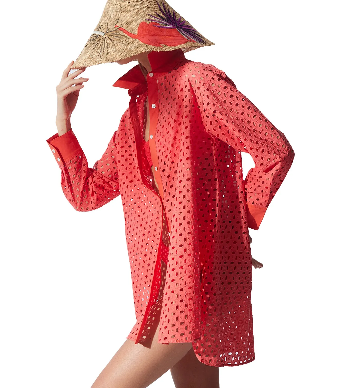 Cotton Eyelet Oversized Top Bright Heather Coral