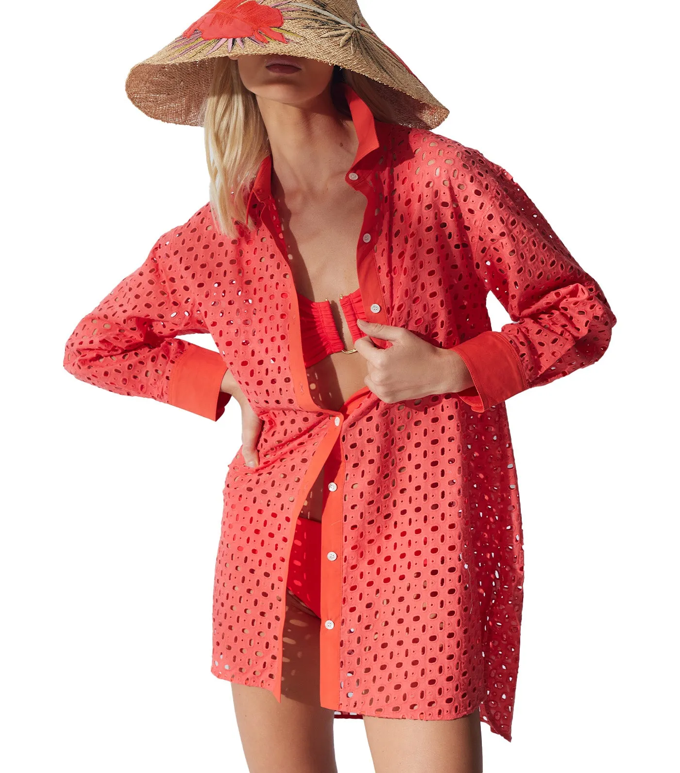 Cotton Eyelet Oversized Top Bright Heather Coral