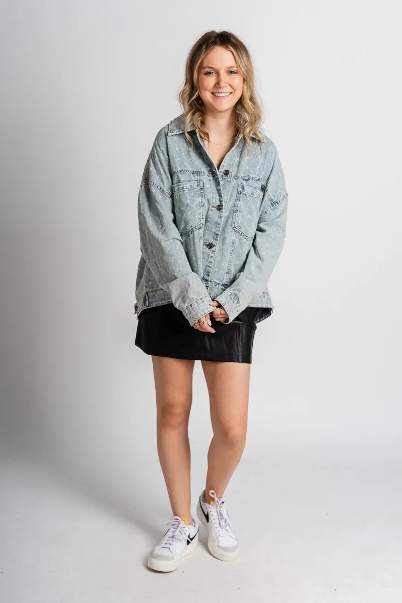 Distressed denim jacket light blue