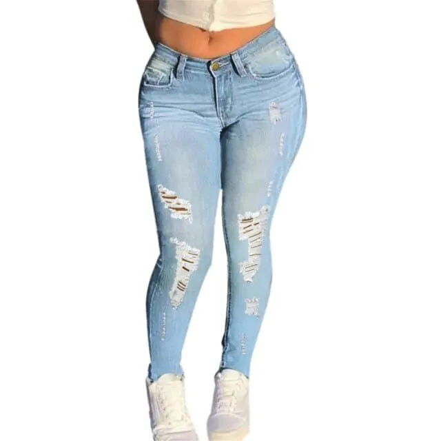 DressBetty - Women's Ripped Jeans High Waist Stretch Skinny Denim Trousers Blue Retro Washed Fashion Sexy Elastic Slim Pencil Pants