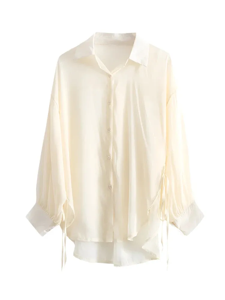 Elegant solid color irregular women shirts single breasted loose long sleeve Notched Lace-up summer fashion female shirt
