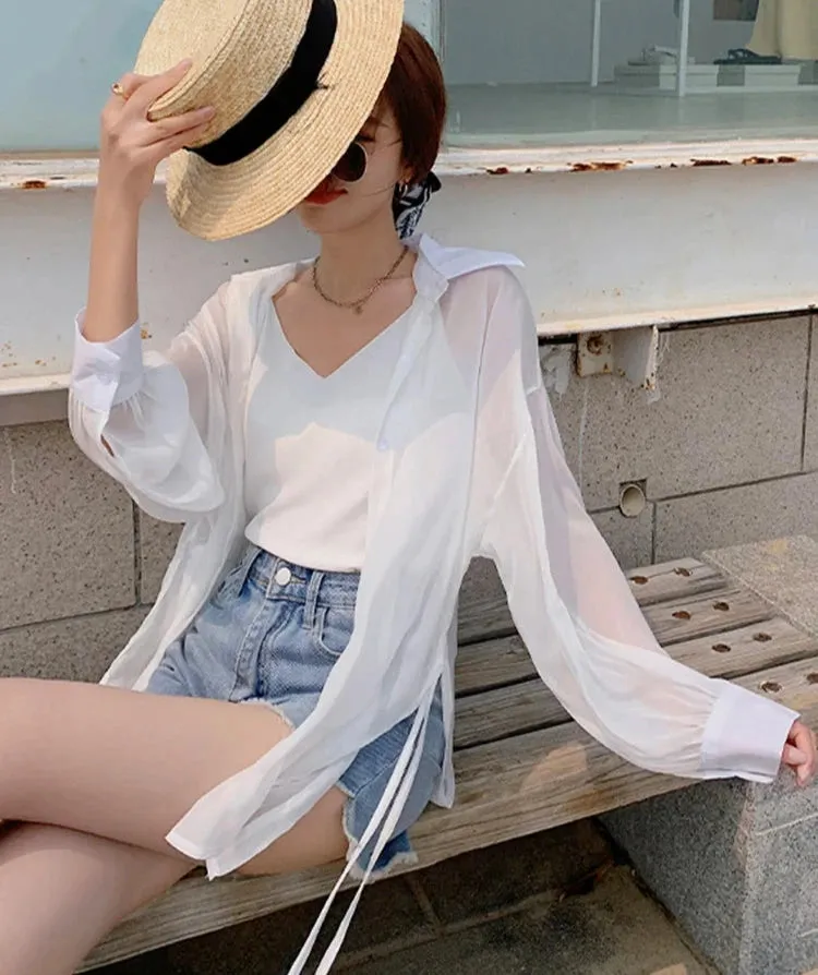 Elegant solid color irregular women shirts single breasted loose long sleeve Notched Lace-up summer fashion female shirt