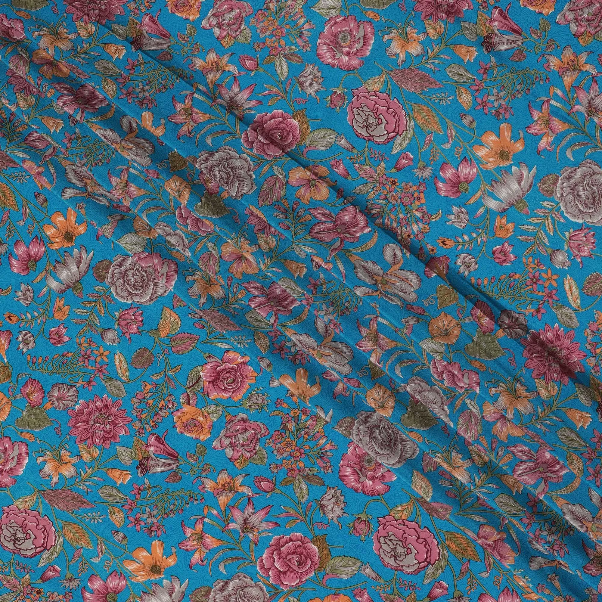 Floral Fantasy Blue Silk Crepe Fabric - Radiant Blooms on Blue, 110cm Wide - Buy Online for Vibrant Dressmaking-D18181