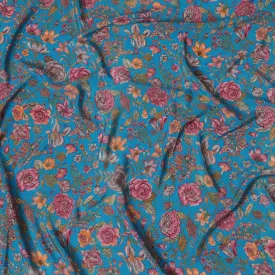 Floral Fantasy Blue Silk Crepe Fabric - Radiant Blooms on Blue, 110cm Wide - Buy Online for Vibrant Dressmaking-D18181