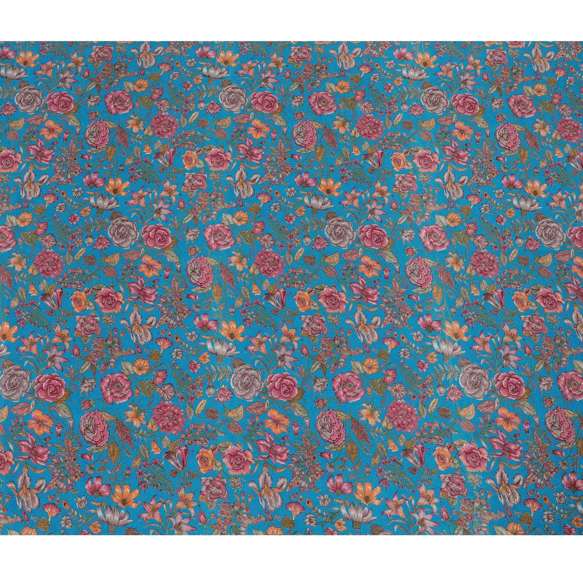 Floral Fantasy Blue Silk Crepe Fabric - Radiant Blooms on Blue, 110cm Wide - Buy Online for Vibrant Dressmaking-D18181