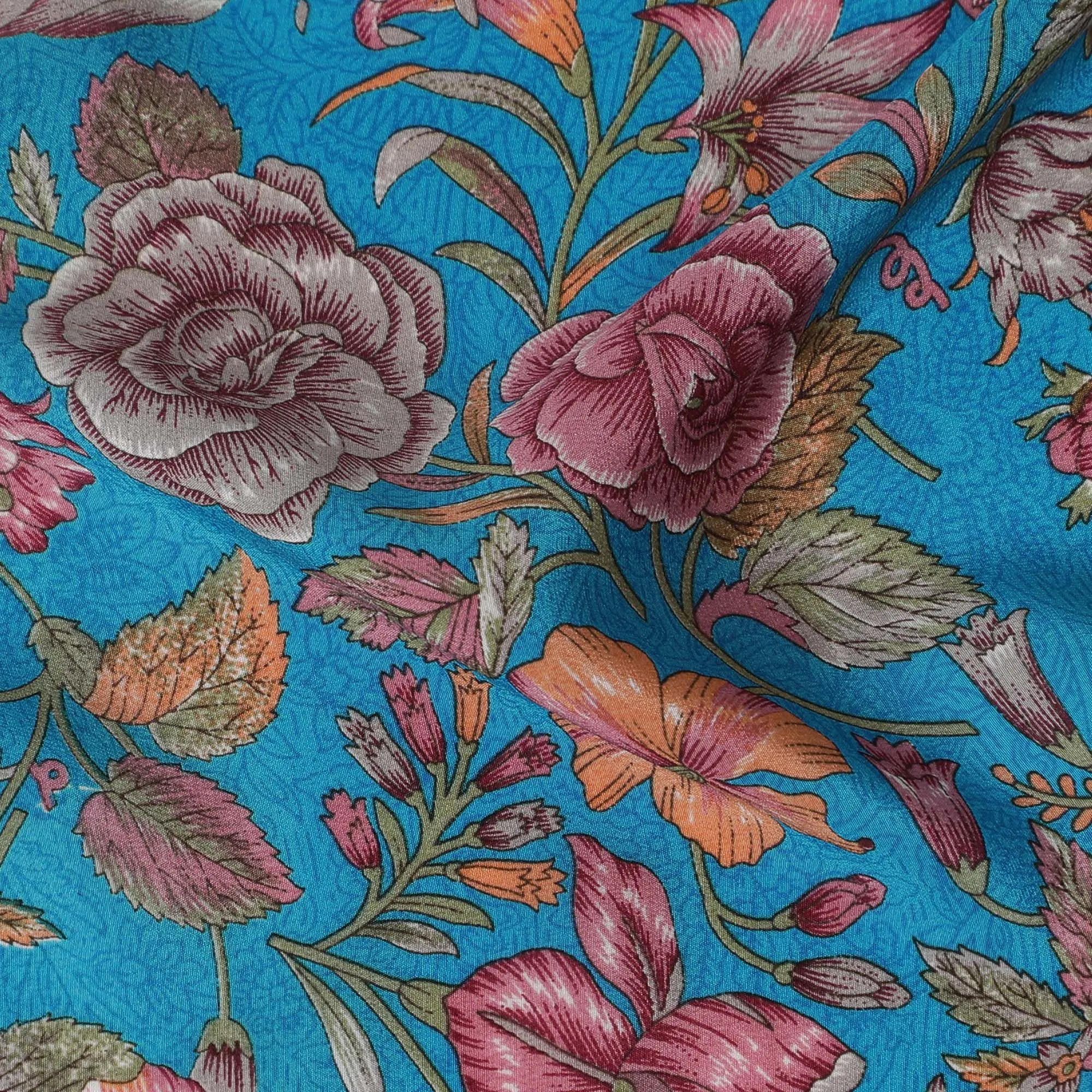 Floral Fantasy Blue Silk Crepe Fabric - Radiant Blooms on Blue, 110cm Wide - Buy Online for Vibrant Dressmaking-D18181