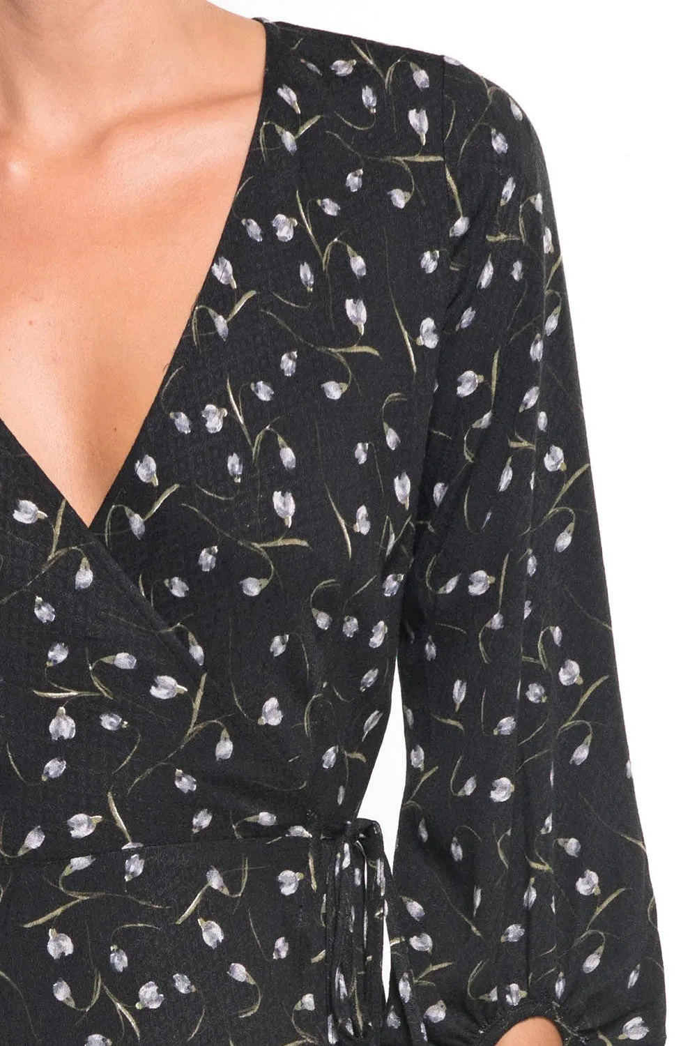 Floral Print Wrap 3/4 Sleeve Midi Dress