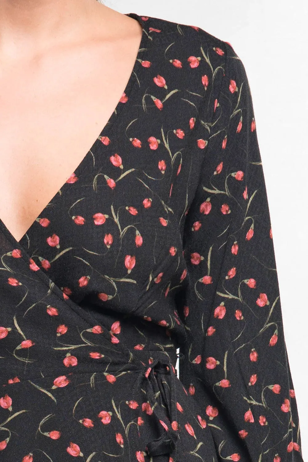 Floral Print Wrap 3/4 Sleeve Midi Dress