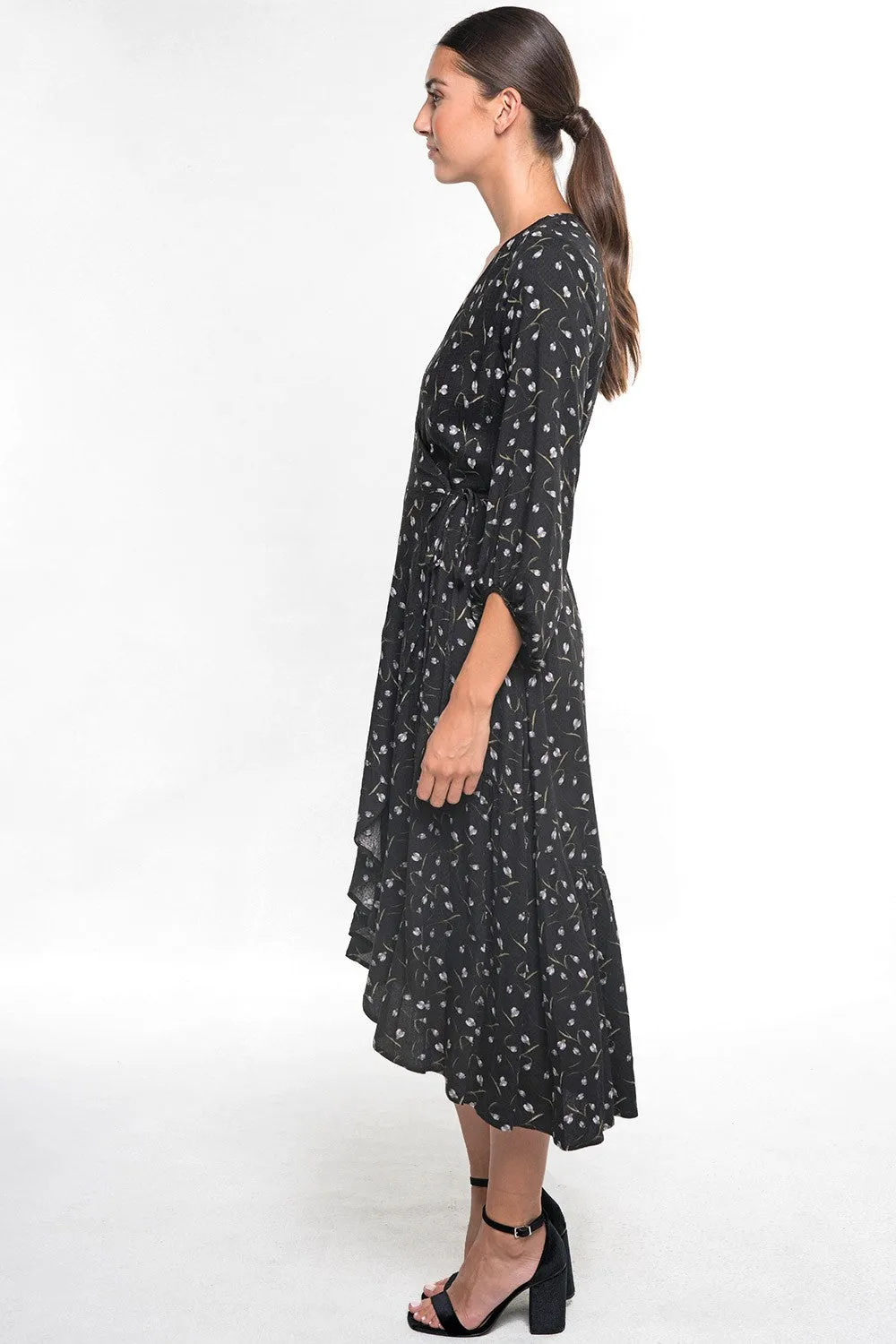 Floral Print Wrap 3/4 Sleeve Midi Dress