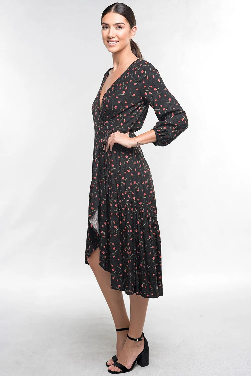 Floral Print Wrap 3/4 Sleeve Midi Dress