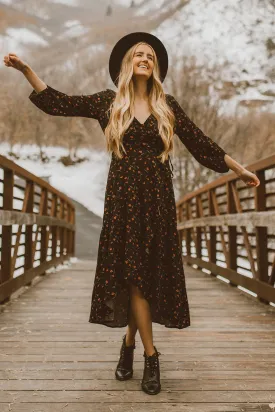 Floral Print Wrap 3/4 Sleeve Midi Dress