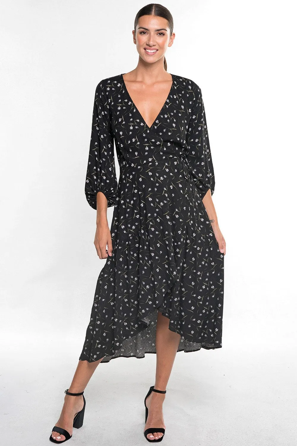 Floral Print Wrap 3/4 Sleeve Midi Dress