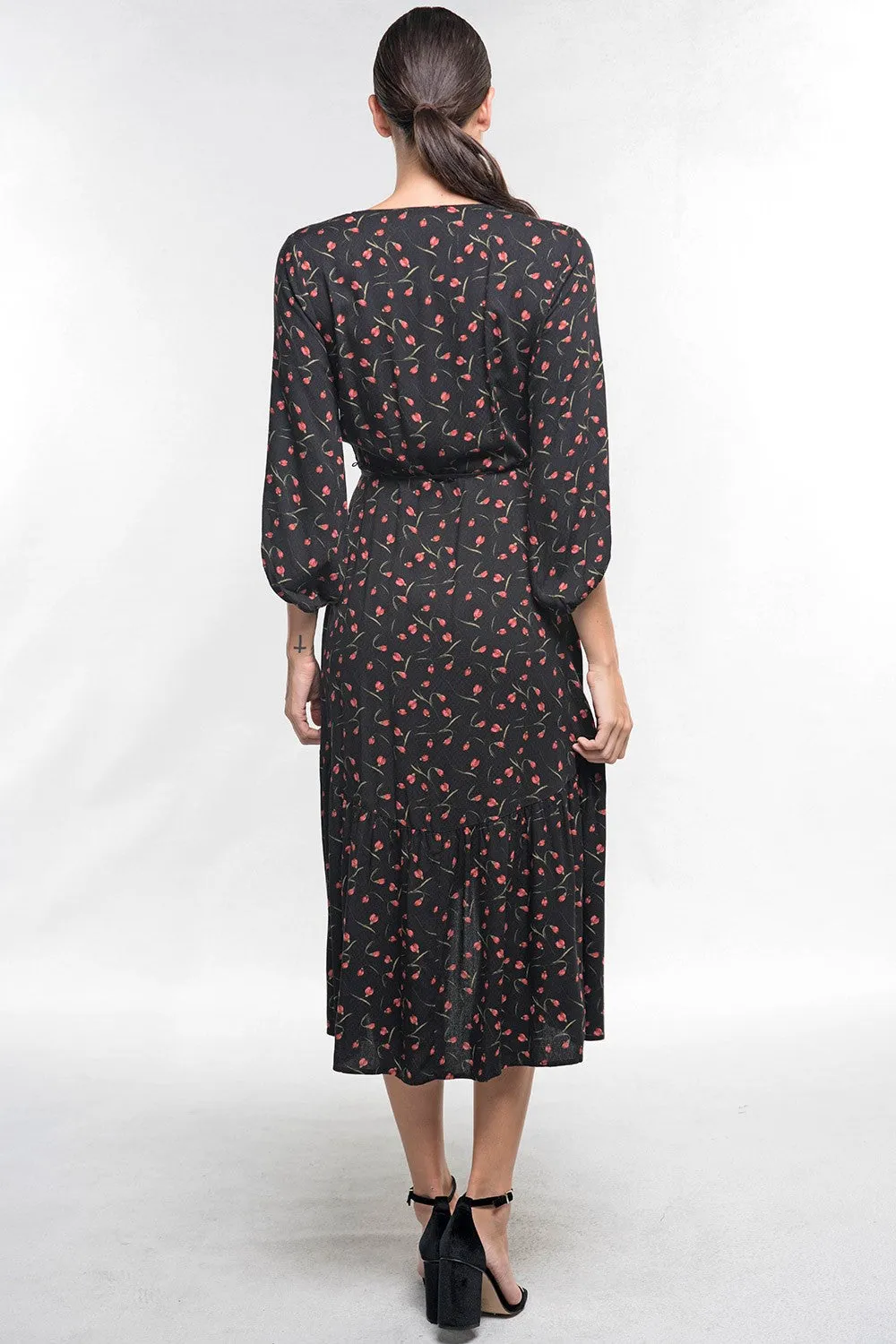 Floral Print Wrap 3/4 Sleeve Midi Dress