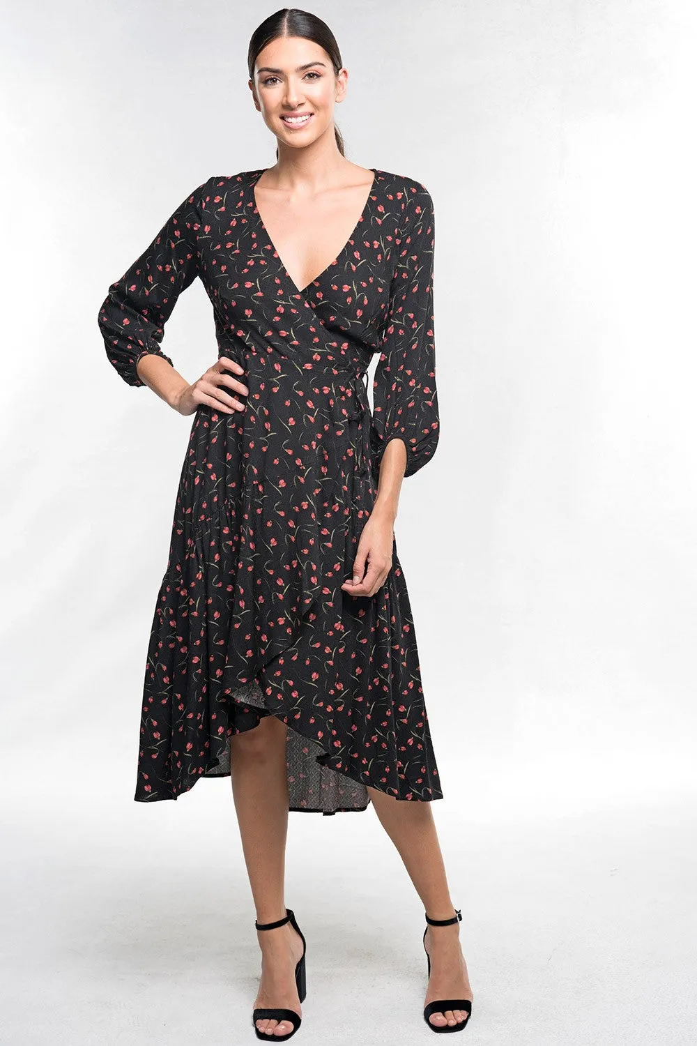Floral Print Wrap 3/4 Sleeve Midi Dress