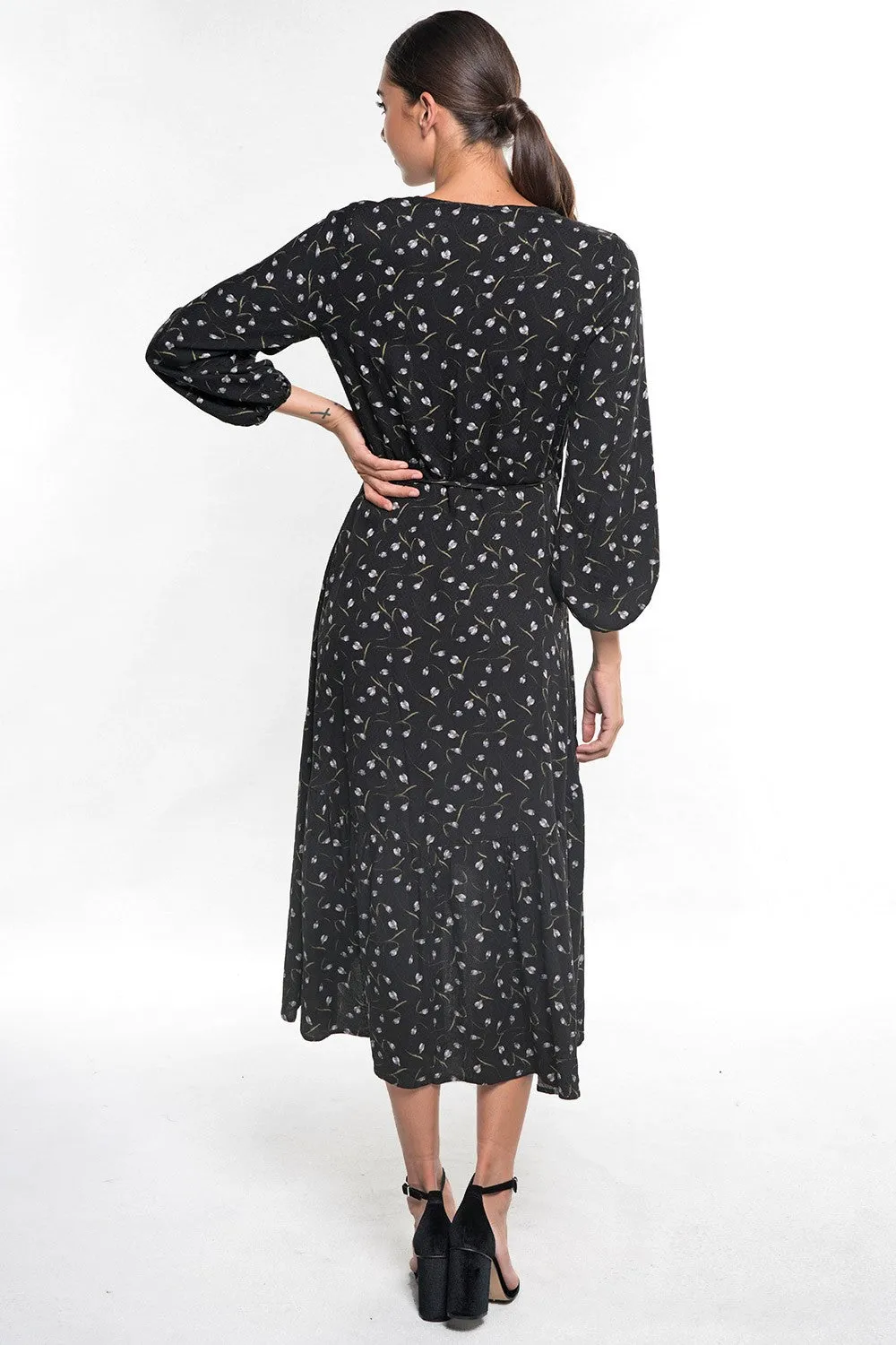 Floral Print Wrap 3/4 Sleeve Midi Dress