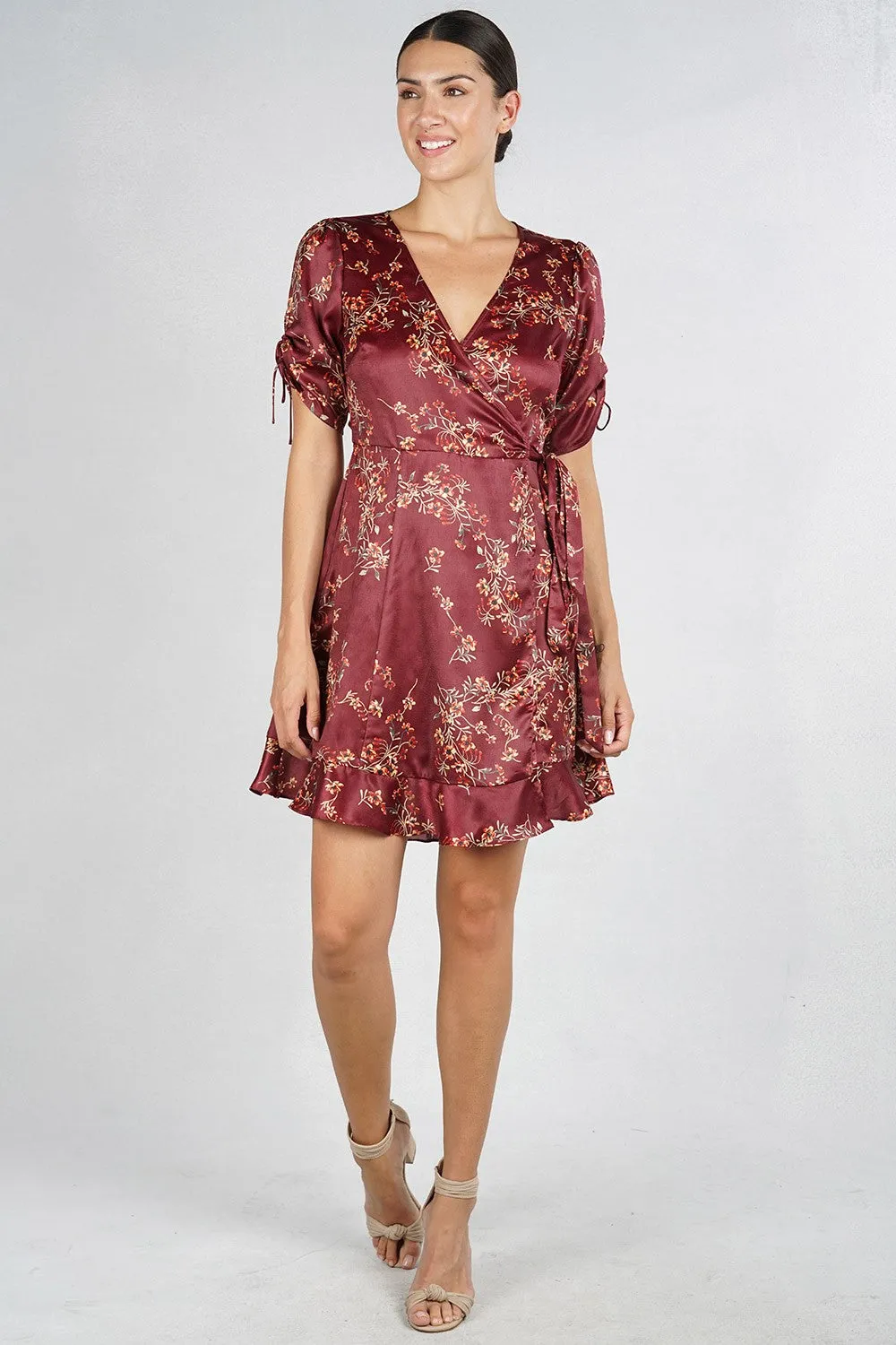 Floral Ruched Sleeve Mini Wrap Dress