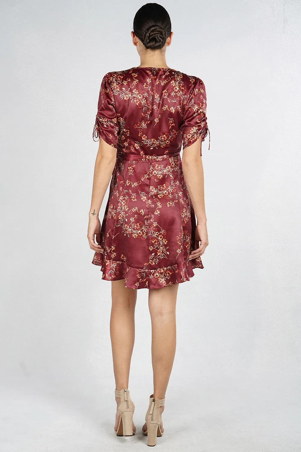 Floral Ruched Sleeve Mini Wrap Dress