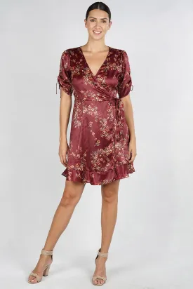 Floral Ruched Sleeve Mini Wrap Dress