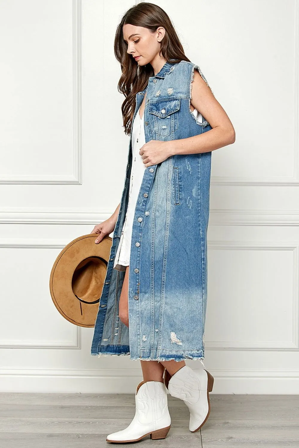 Full Size Distressed Sleeveless Longline Denim Jacket for Women