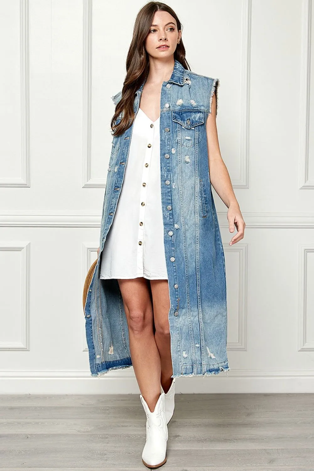 Full Size Distressed Sleeveless Longline Denim Jacket for Women