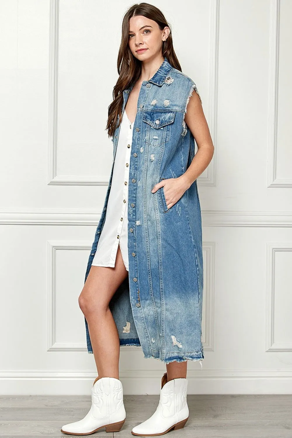 Full Size Distressed Sleeveless Longline Denim Jacket for Women