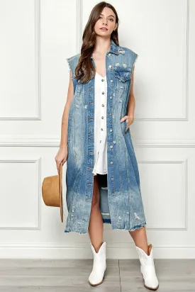 Full Size Distressed Sleeveless Longline Denim Jacket for Women
