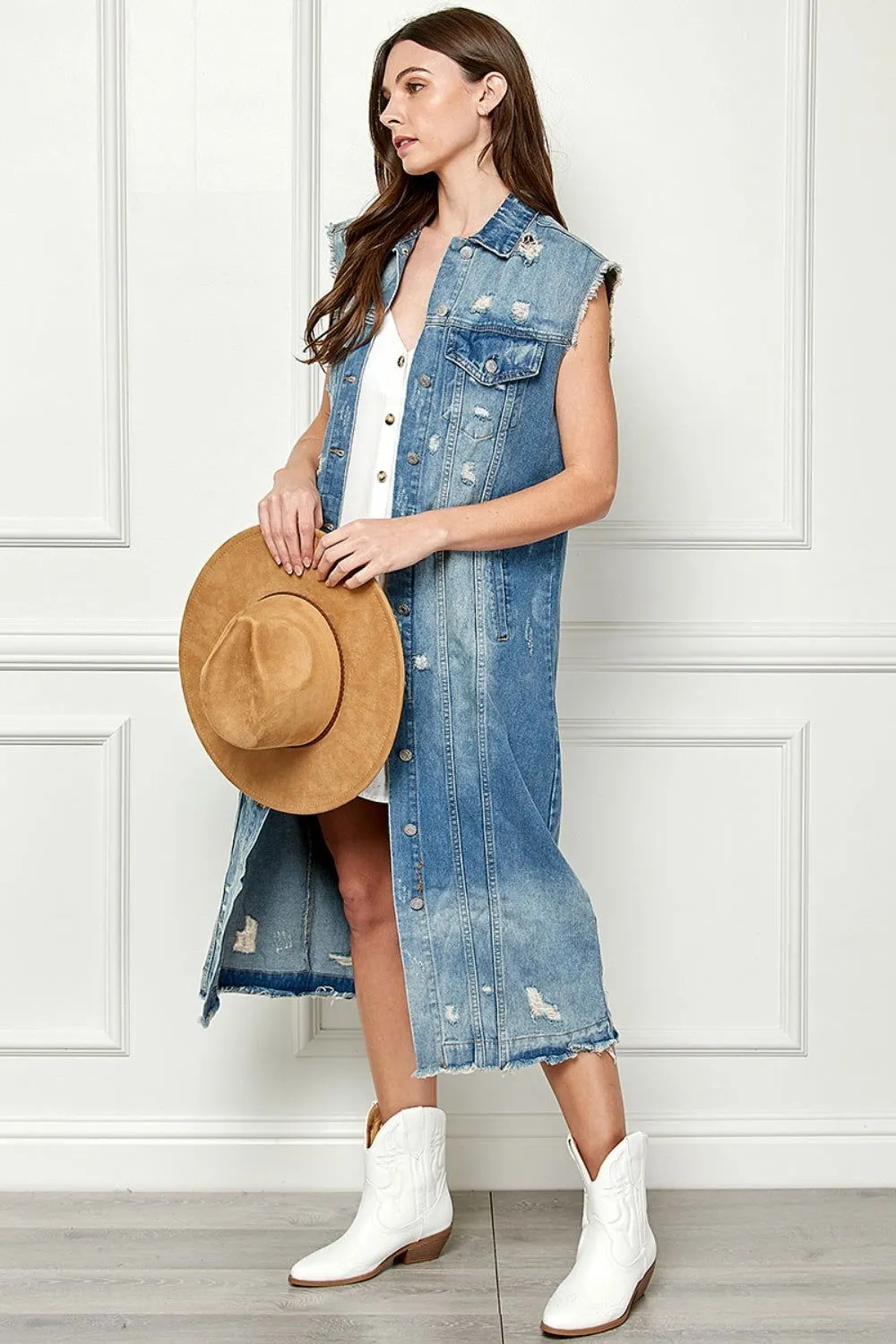 Full Size Distressed Sleeveless Longline Denim Jacket for Women